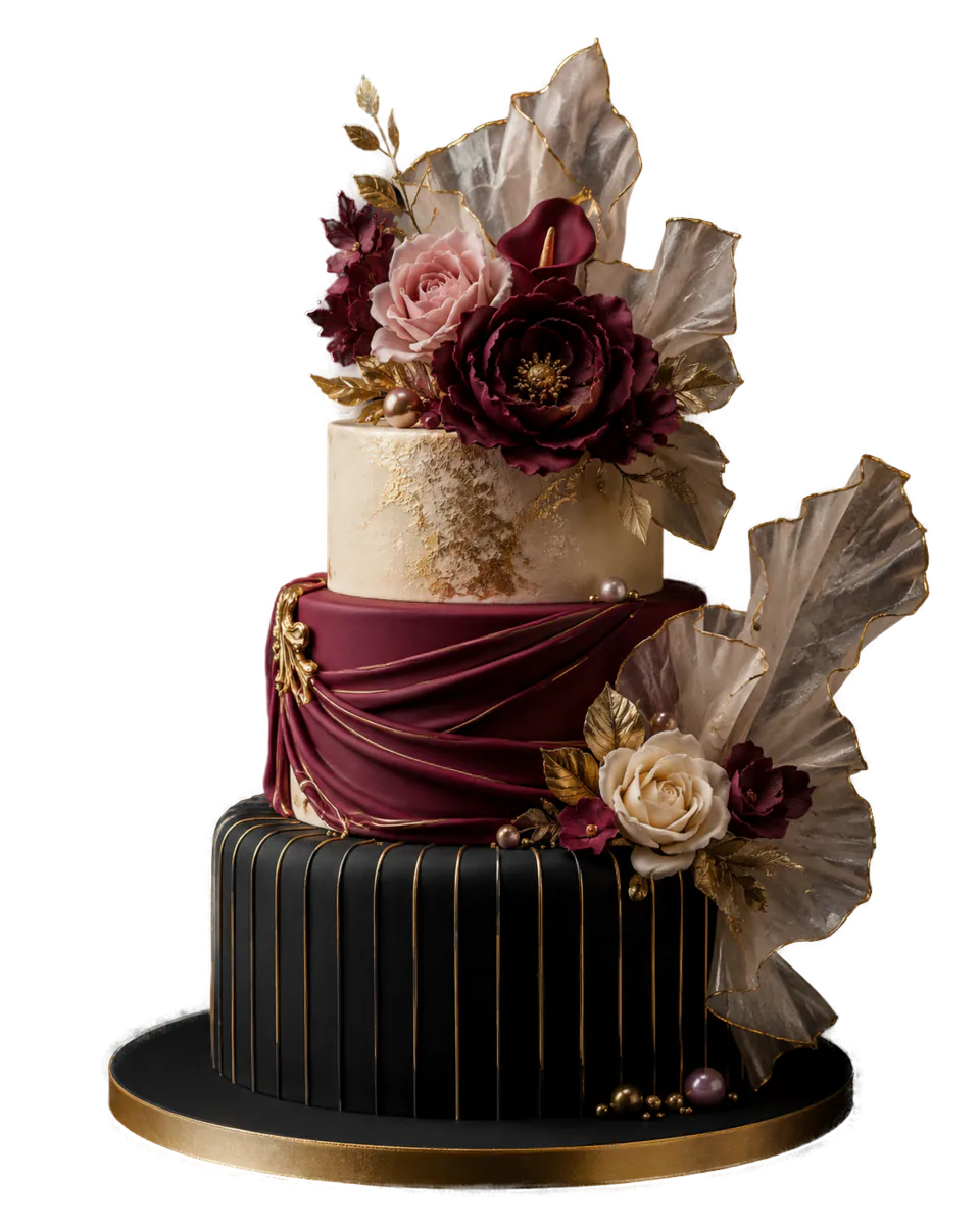 Altrosa-Torte mit Ornament und Pfingstrosen