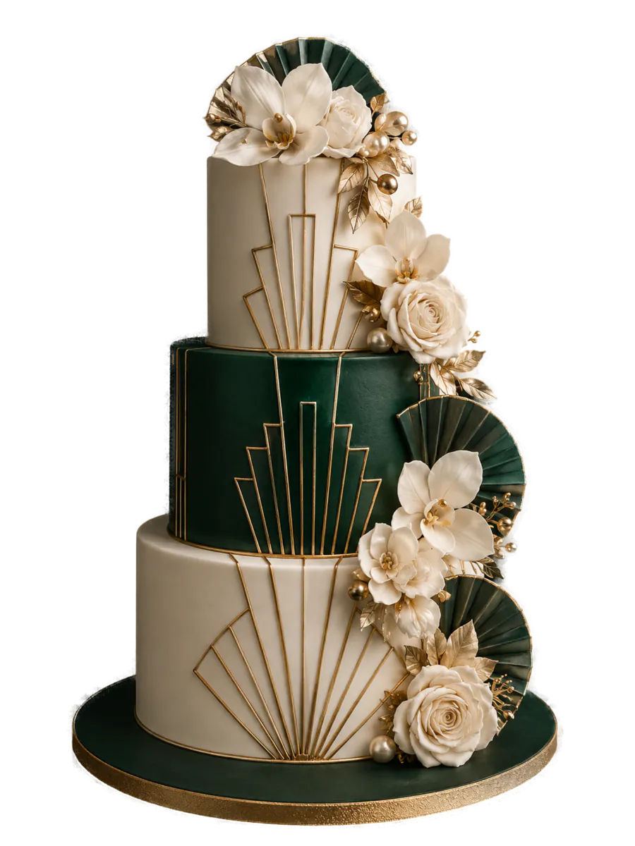 Zweistöckige Art-déco-Torte in Tannengrün und Elfenbein mit goldenem Strahlenmuster und Fächern