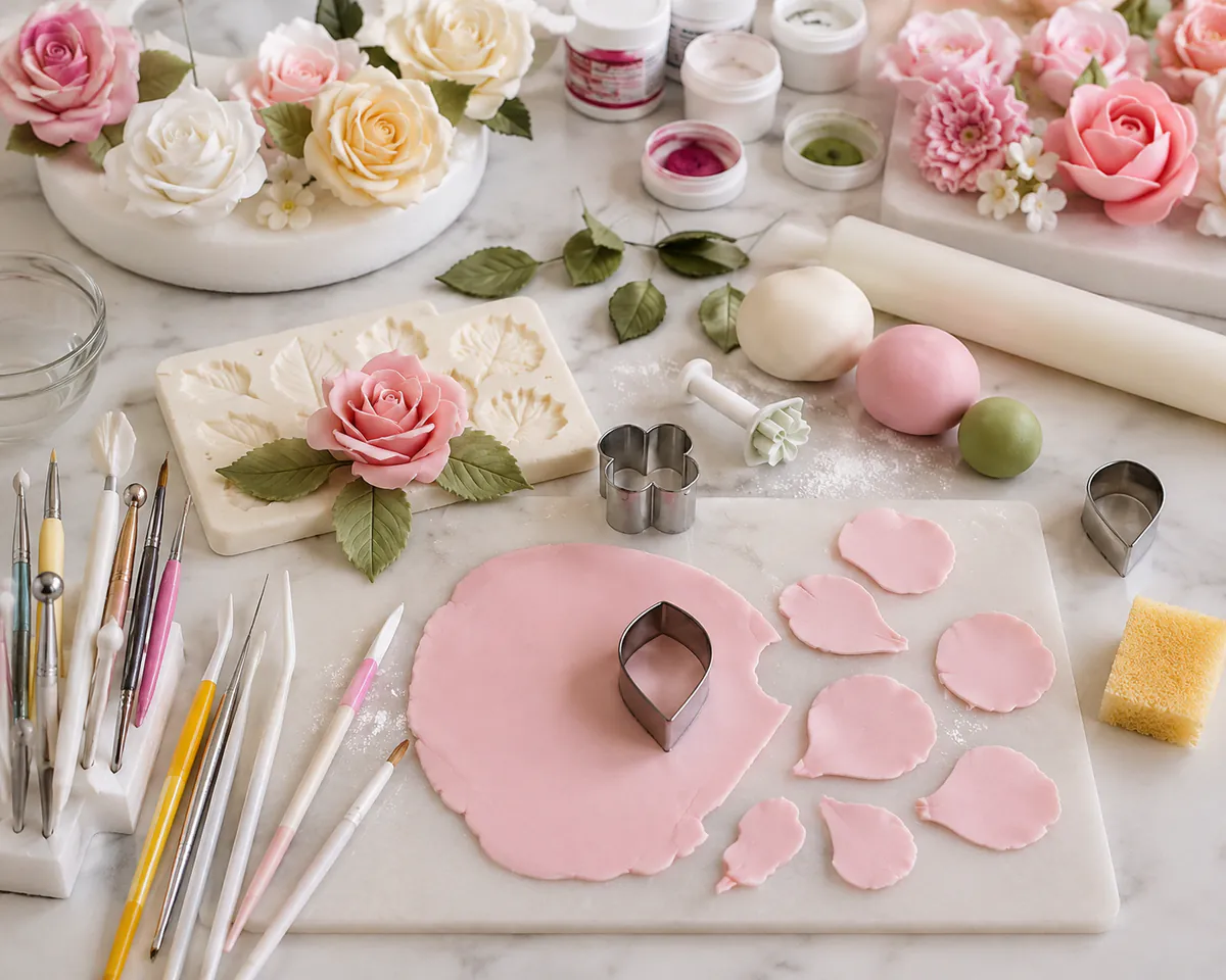 Arbeitsfläche mit Modellierwerkzeug, Ausstechern, ausgerollter Blütenpaste und fertigen Zuckerrosen