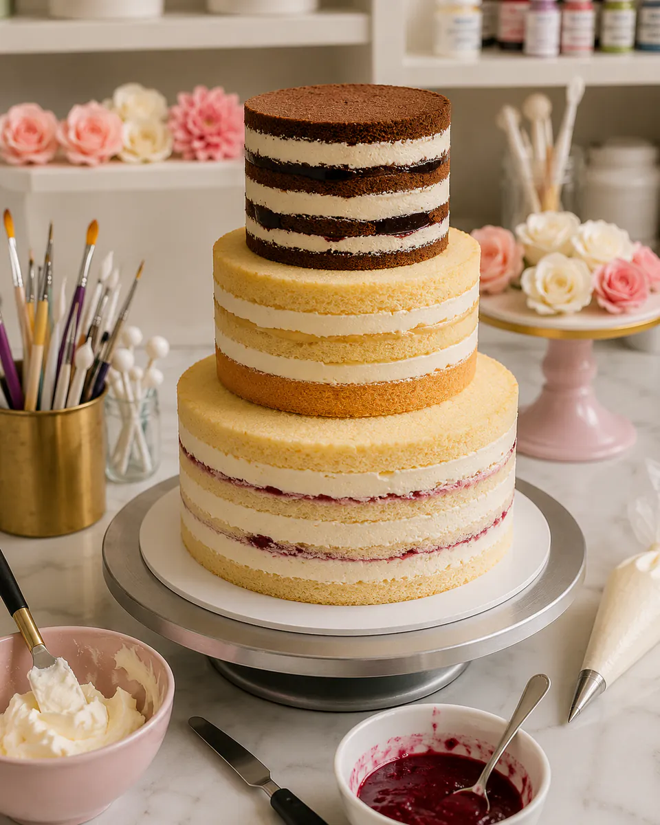 Dreistöckige Torte im Aufbau auf dem Drehteller, Etagen noch offen, Füllung sichtbar
