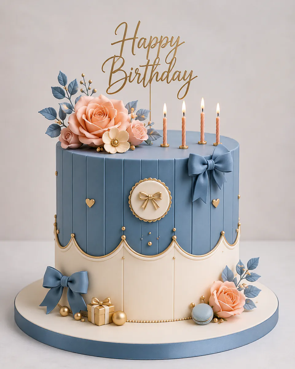 Einstöckige Torte in Rauchblau und Elfenbein mit Fondant-Schleifen und Zuckerrosen