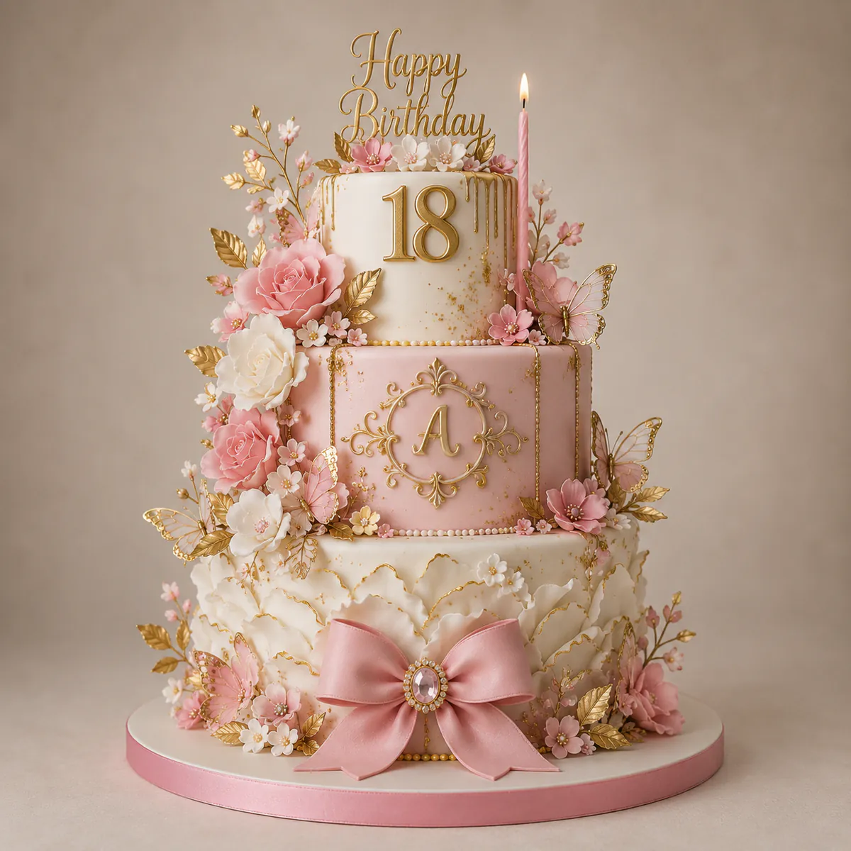 Dreistöckige Geburtstagstorte in Altrosa und Elfenbein mit Zuckerrosen, Schleife und Monogramm