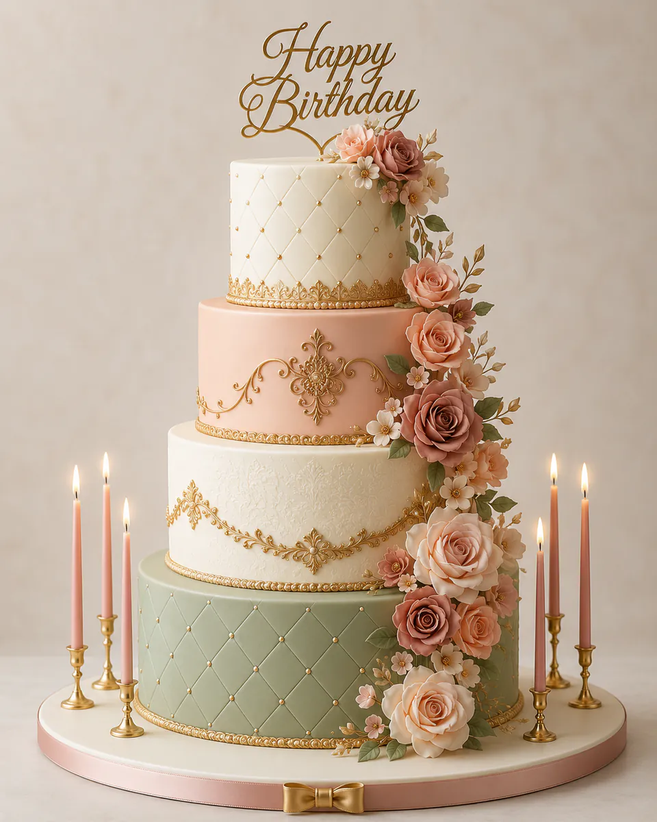 Vierstöckige Torte in Pastell mit Rosenkaskade, Goldlinien und Kerzen