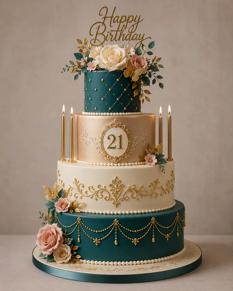 Vierstöckige Torte in Petrol und Elfenbein mit Goldornament, Zuckerrosen und Kerzen