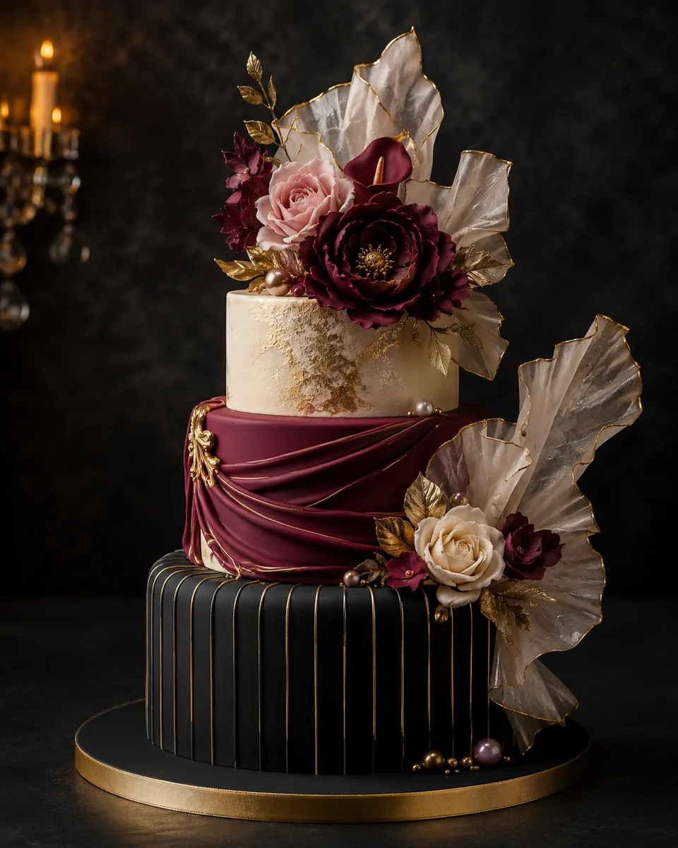 Torte in Burgund und Schwarz in einer dunklen Szene