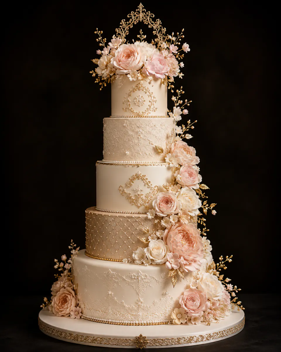 Fünfstöckige Hochzeitstorte in Elfenbein mit Blütenkaskade und Ornamentrelief