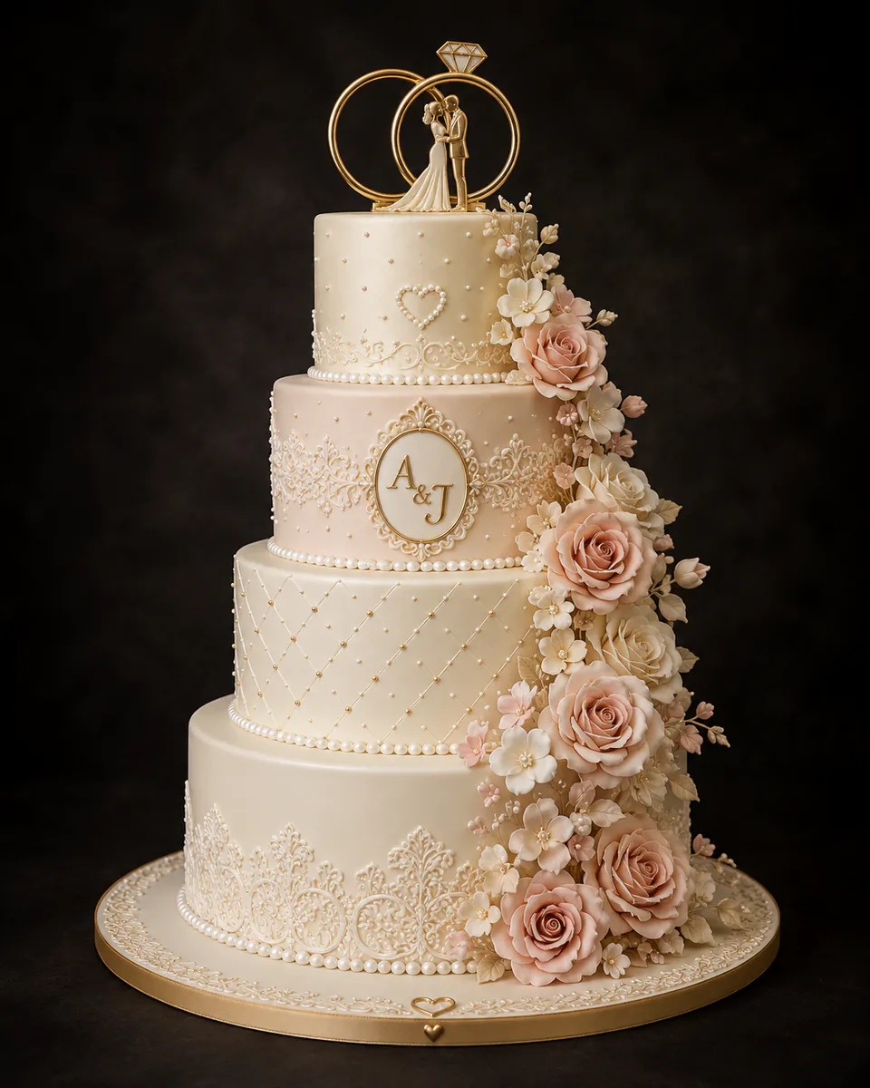 Vierstöckige Hochzeitstorte in Perlmutt mit Monogramm-Medaillon, Zuckerrosen und Ringen als Topper