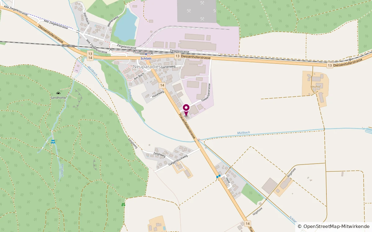 Kartenausschnitt: Gewerbestrasse in Neuparadies, Gemeinde Schlatt TG, mit markiertem Atelier