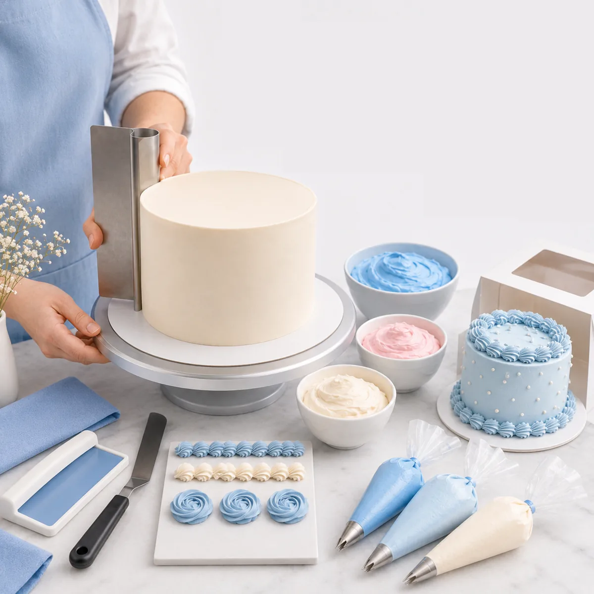 Cake Icing: Torte wird mit der Teigkarte glatt abgezogen, Buttercreme und Spritzbeutel daneben