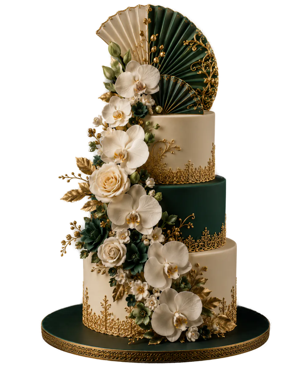 Dreistöckige Torte in Tannengrün und Elfenbein mit Orchideen und Fächern