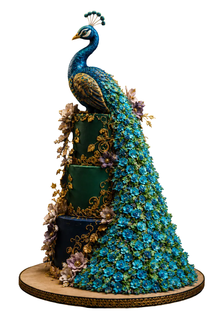 Pfau-Schaustück mit Zuckerblumen-Schweif in Türkis und Grün