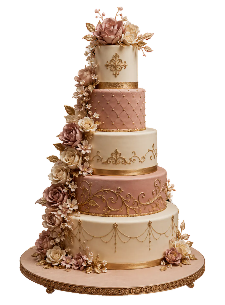 Altrosa-Elfenbein-Torte mit Goldornamenten