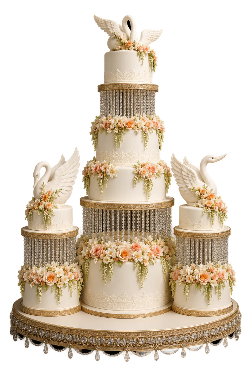 Schwanenpaar-Hochzeitstorte mit Kristallsäulen