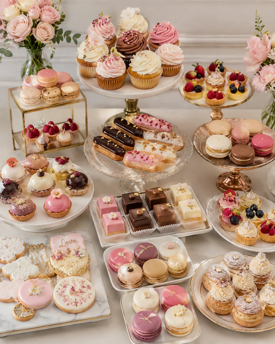 Etagere und Platten mit Cupcakes, Macarons, Törtchen und Petits Fours